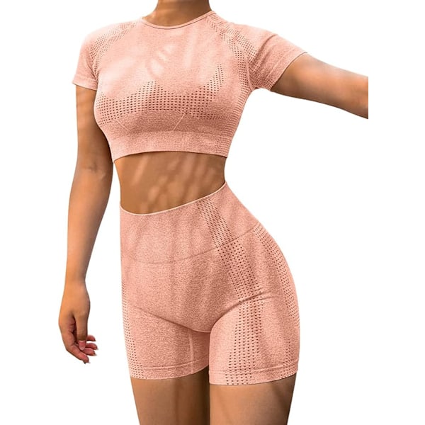 Yoga 2-delat set träningskläder löpning crop top sömlösa hög midja shorts set
