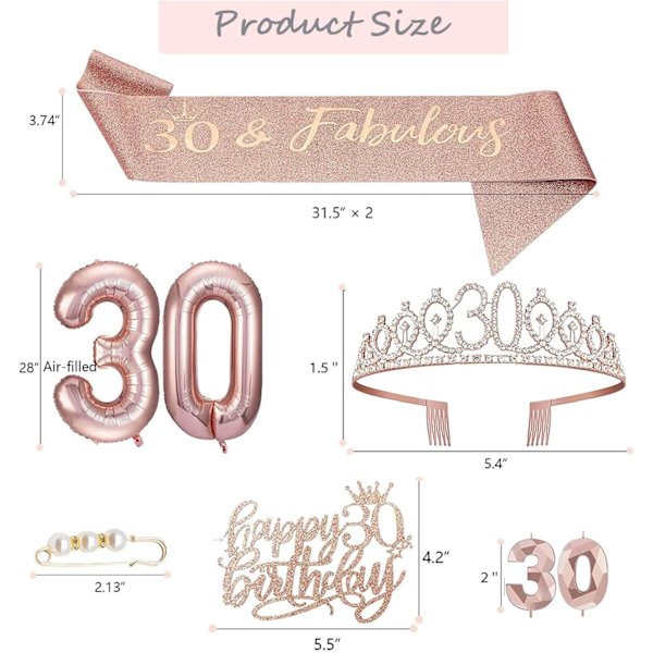 Rose Gold 30-års dekorationer sæt - sash, tiara, ballon, lys, toppers