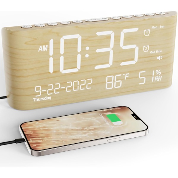 Väckarklocka för sovrum, sängbord, digital väckarklocka i trä med reservbatteri, USB-port, 200 % ljusstyrkedimmer, snooze, dubbelalarm med gult