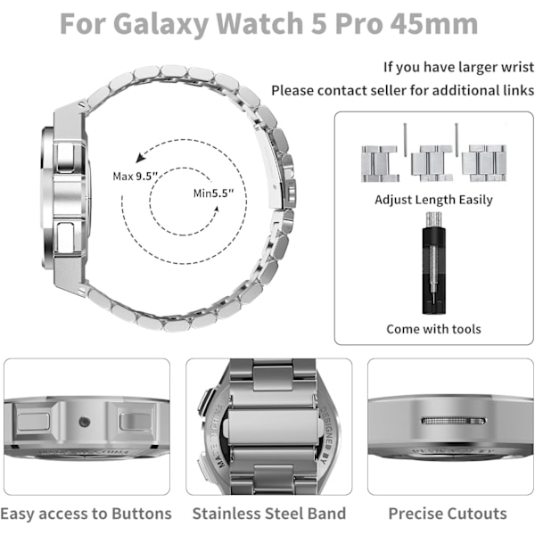 Luksuriøst etui med rem designet for Galaxy Watch 5 Pro 45mm 2022, robust militærbeskyttende metallstøtfangerdeksel med taktisk rustfritt stål