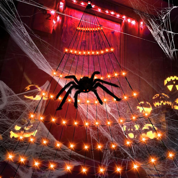 Halloween Lys Dekoration, 110 LED Edderkop Lys med 5 Sorte Edderkopper, Halloween Lys Udendørs 8 Tilstande til Halloween Dekoration Orange Orange
