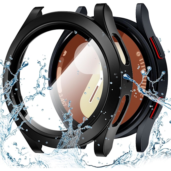 Vandtæt etui til Galaxy Watch 7 skærmbeskytter 44mm, [Ingen Dug] Hærdet glas frontcover kompatibelt med Watch 7 tilbehør 44 mm Sort Galaxy