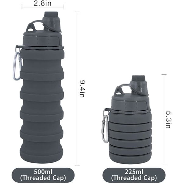 Sammenleggbar Silikon Vannflaske med Karabinkrok - Bærbar Sammenleggbar for Sport, Camping, Reise | Lekkasjesikker & Gjenbrukbar (500ml)