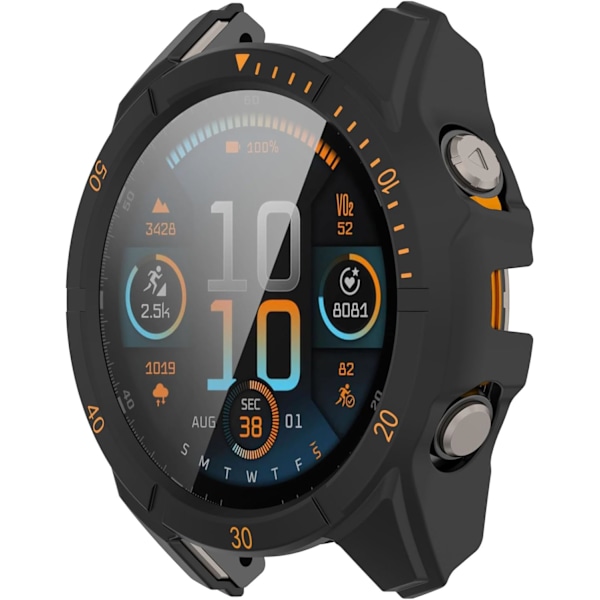 Fuld Dækning Etui med Skærmbeskytter Kompatibel med Garmin Fenix 8 47mm PC og Ægte Glas Beskyttelsesetui Smart Watch Tilbehør (Sort+Ora