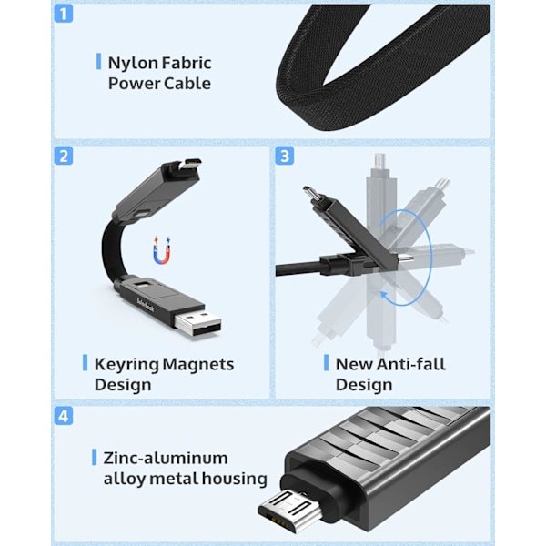 Multi-opladningskabel, 60W PD Type C-oplader, 4 i 1 magnetisk nøglering