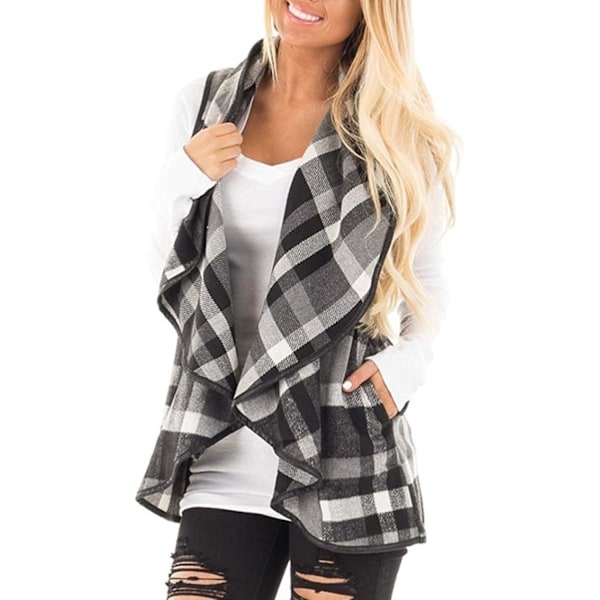 Women Vest Lapel Open Front Buffalo Plaid Sleeveless Cardigan Jacket Coat with