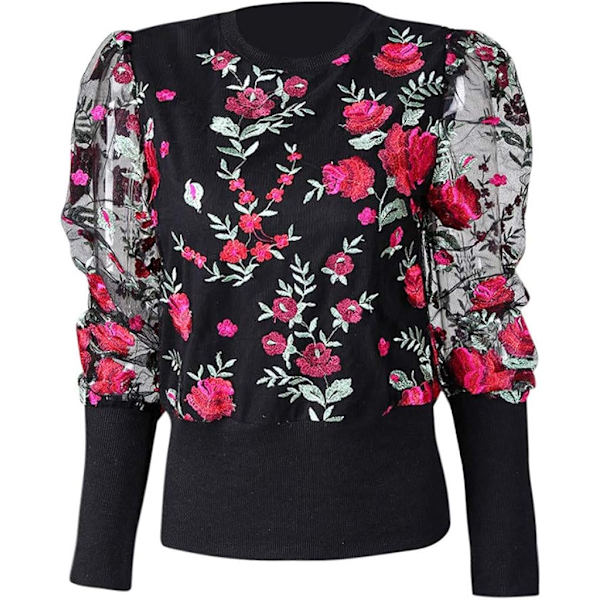 Trendig dam blus med lång ärm i blommigt broderi med genomskinligt mesh-inlägg