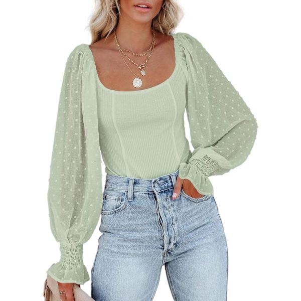Kvinners Mesh Lang Puff Erme Topp Off Shoulder Square Neck Slim Strikket Ribbet Topper