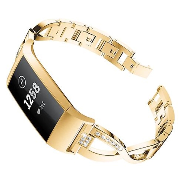 X-formad diamantprydd metallstål klockarmband för Fitbit Charge 3 RJW Gold