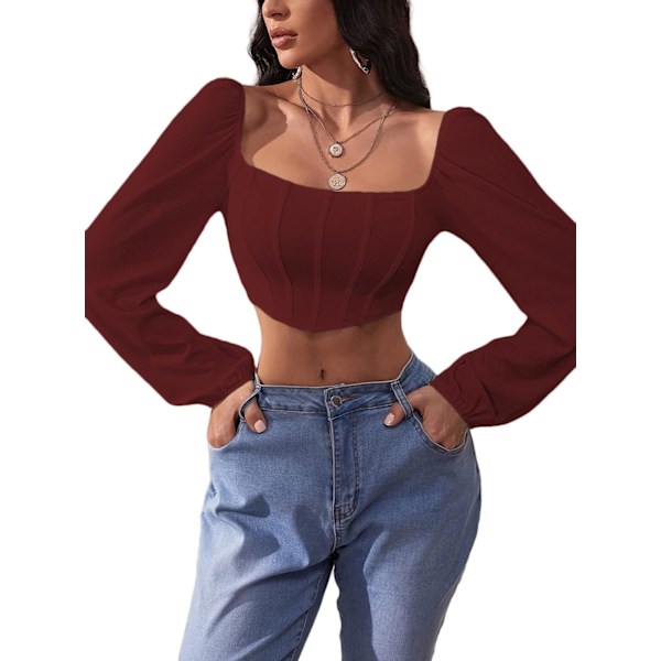 Kvinde Rib Strik Crop Top Langærmet Firkantet Hals Puff Korset Bluse