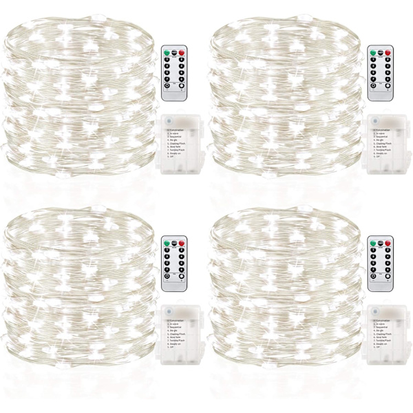 GDEAER 4-pak eventyrlys juledekor 16,4 fot 50 LED batteridrevne julelys med fjernkontroll vanntett 8 moduser blinkende ildflue-lyskjede