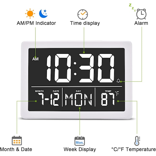 Digital väckarklocka med snooze, liten klocka/bordsklocka, 6,3\" LED digital kalender, 12/24H, justerbar ljusstyrka/volym, skrivbordsklocka för vit