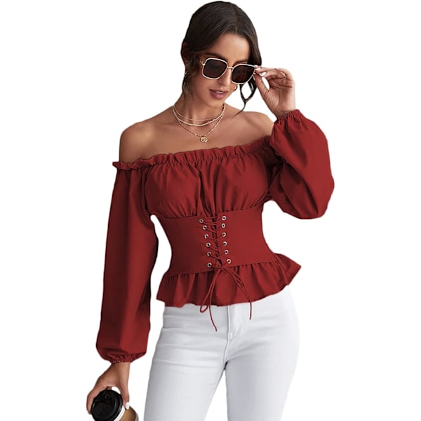 Kvinners Off Shoulder Ruffle Peplum Korsett Shirred Puff Lang Arm Topper Bluse