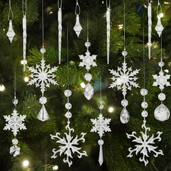 16 stycken Acryl Icicle Snöflinga Icicle Hängande Dekorationer, Julgran Kristall Dekorationer, Julgransprydnader, Kristall Snöflinga för di