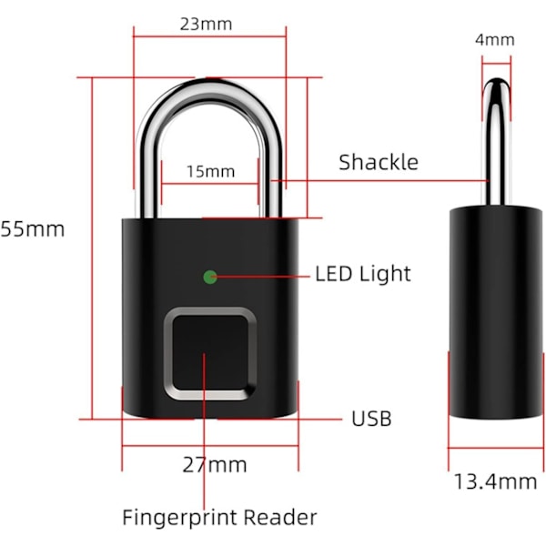 Fingeravtryckslås, Smart Keyless Hänglås, USB Uppladdningsbar, Gym Skåplås, Kombinationslås, för Ryggsäckar, Resväskor, Cyklar, Bagage