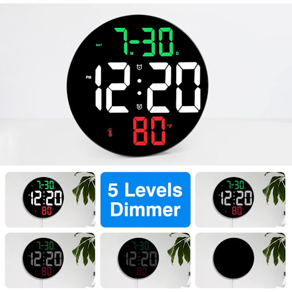 Digitalt ur med stort display, højt alarmur med snooze, justerbar dæmpning, temperatur, dag og dato, 9 tommer vægur/bordur til B