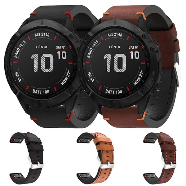 For Garmin Fenix 6x 26mm Læder Søm Stål Spænde Urrem NOU Black