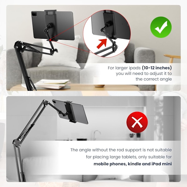 Justerbar Tablet Stand Holder til Seng - Foldbar Seng Telefonholder til Liggende, Sengebords Tablet Arm Mount til Kindle, Ipad Mini, iPhone Sort