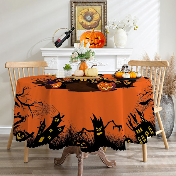 Halloween Rund Borddug 70 tommer - Spier Web Halloween Borddekorationer - Vandafvisende Orange Halloween Borddug, Halloween Festdekoration