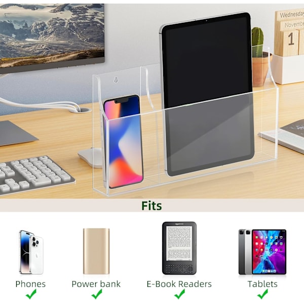 Klar Vægmonteret Telefonholder Akryl Fjernbetjeningsholder Medie Organizer Caddy med Huller til Opladning af Telefon Tablet Holder (To Rum) Acr