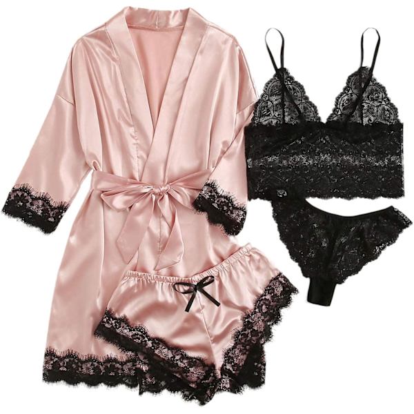 Dam satin pyjamas set 4 delar blommig spets trim cami underkläder