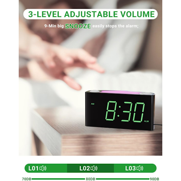 Väggklocka för sovrum, 7,5\" stor display LED-digitalklocka med 7-färgad nattlampa, USB-telefonladdare, dimmer, batteribackup, enkel att ställa in
