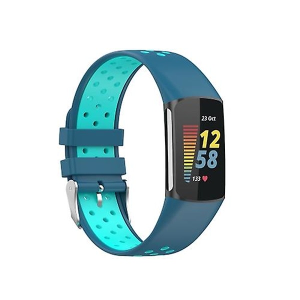 For Fitbit Charge 5 Dobbelt Farve Metal Spænde Hul Silikone Urrem YSV Blue Green