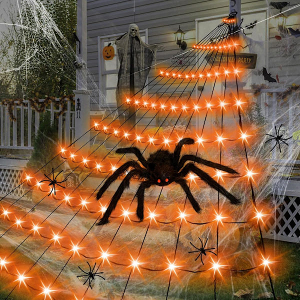 Halloween Lys Dekoration, 110 LED Edderkop Lys med 5 Sorte Edderkopper, Halloween Lys Udendørs 8 Tilstande til Halloween Dekoration Orange Orange
