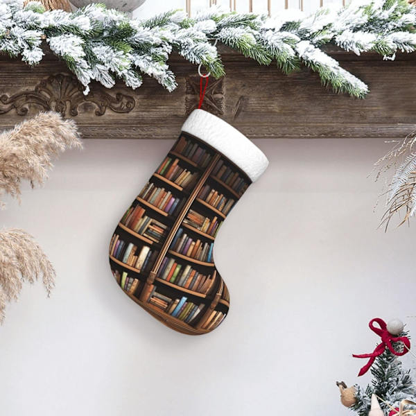 Bibliotek Bokhylla Tryck Julstrumpa Xmas Ornament Kamin Hängande Julstrumpor för Familj Semester Xmas Party Dekorationer 45 cm