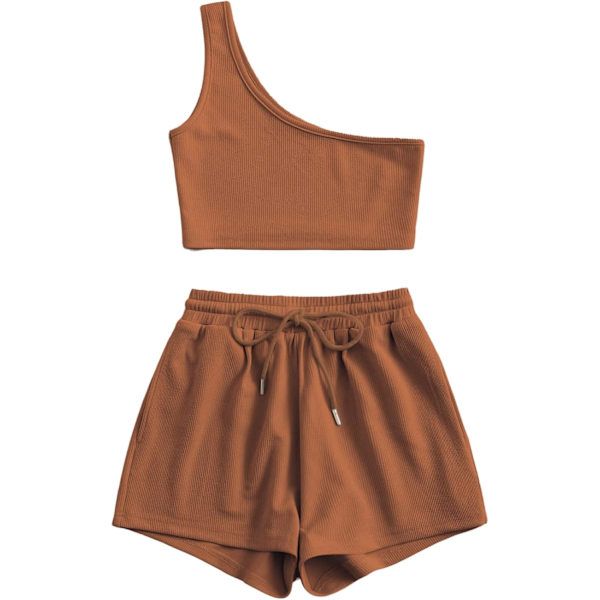 Kvinners One Shoulder Tank Top og Lounge Shorts 2-delt Treningssett