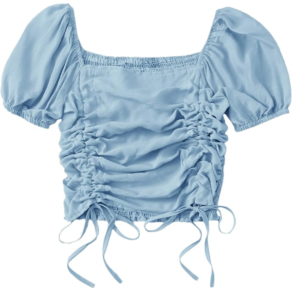 Kvinners Korte Puff Erme Firkant Hals Beskjæring Topp Shirred Snøring Bluse