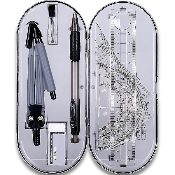 8 Pieces Set Student Supplies With Shatterproof Storage Box Reusable Pouch,includes Rulers,protractor,compass,pencil,eraser.for St