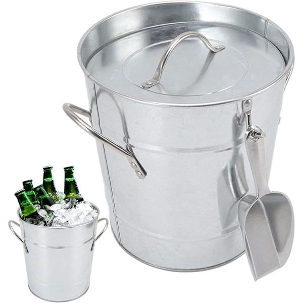 Isspand til fester - Vinkøler Isterningbeholder med håndtag, Metalspand Drikkekar med låg og isske til camping, fester, sølv