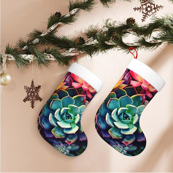 Färgglada Sukkulenter Tryck Julstrumpa Xmas Ornament Kamin Hängande Xmas Strumpor för Familj Semester Xmas Party Dekorationer 45 cm
