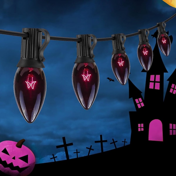 C7 Halloween-lys, 25Ft Halloween-lyskæde, C7 mørkelilla vintage glødepærelyskæde til udendørs juletræ, terrasse, havefest, mørk