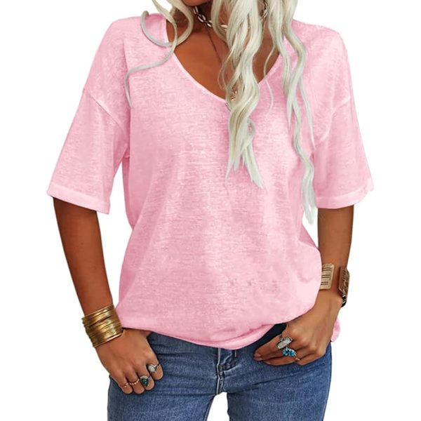 Damtoppar Sommar Mode V-hals Halv ärm Överdimensionerade T-shirts Armbågslängd