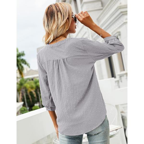 Kvinners Casual 3/4 Ermet Henley V-Hals Knapp Opp Plissert Rygg Bluser Sveitsisk