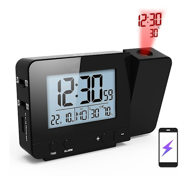 Projektionsvækkeur til soveværelse med termometer Hygrometer Digital projektionsur Dæmpbar LED-skærm med USB-oplader 180 drejelig med Dua