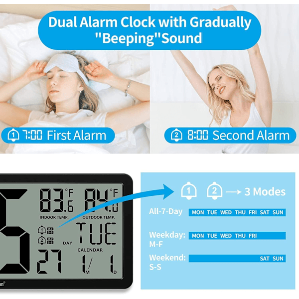 14,3\" stort atomur med indendørs og udendørs temperatur, digital vægur baery-drevet, dag og dato til hjemmet soveværelse kontor ældre (1