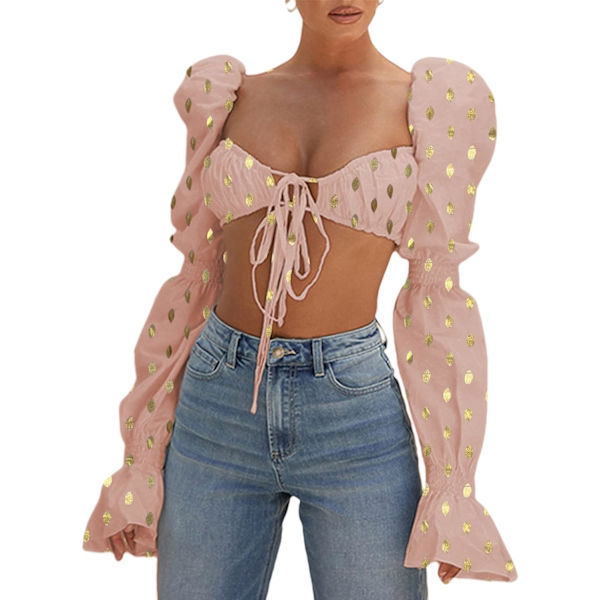 Kvinde Sexet Selvbinder Foran Rynket Puff Langærmet Crop Top Bluse