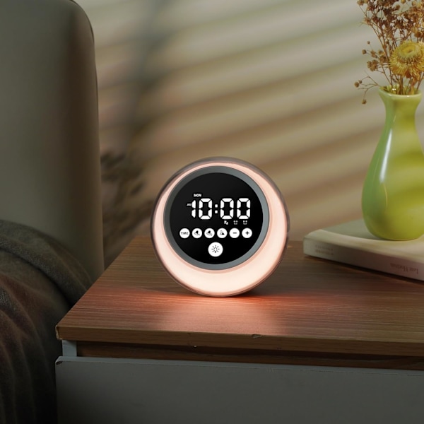 Väckarklocka med soluppgångssimulering, högt digitalt alarm med soluppgångssimulering, färgat ljus, dimmer, vardags-/helgläge, justerbar volym för