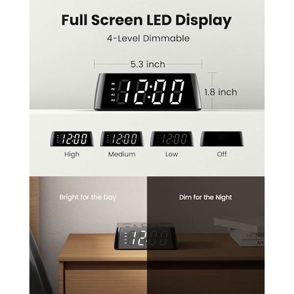 Vækkeur med 4 USB-opladere, stikdåse med 3 stikkontakter, 1700J overspændingsbeskyttelse, natbordslampe med dæmpbar digitalt ur med dobbelt alarm og snooze-funktion