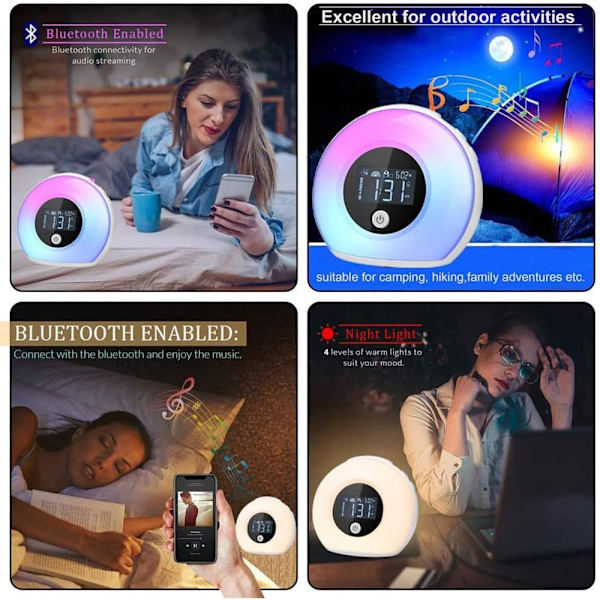 Vækkeur med solopgangslys til børn, tunge sovende, soveværelse, søvnhjælp, dobbeltalarmer, Bluetooth, natlys, 5 farver, 3 lyde, ideel til