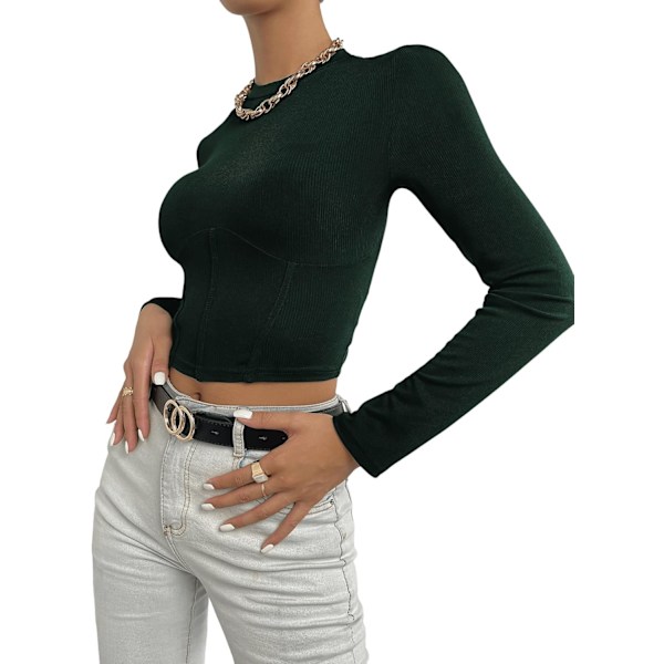 Kvinnors Mock Neck Långärmad Ribbstickad Slim Fitted Crop