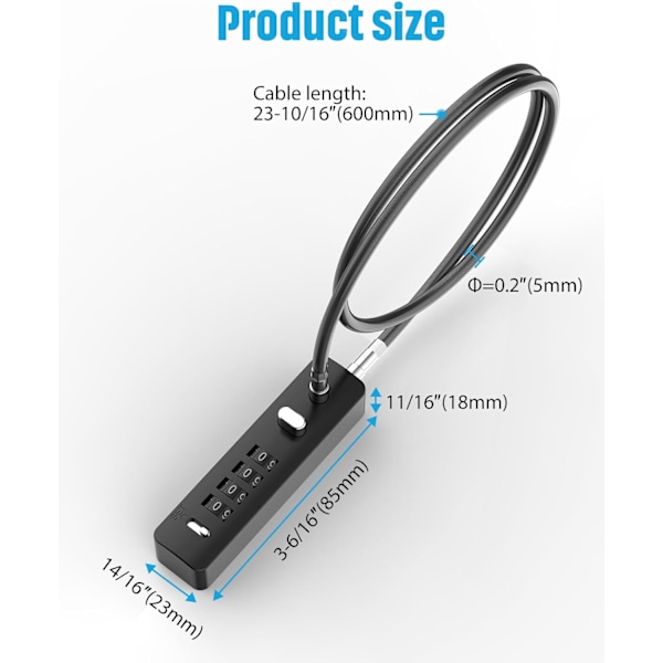 Kabellåser med kombinasjon, sykkellåser med 4-sifret kombinasjon, 23,6 tommers stålkabeltau låser med bordpassord for sykler, skap, skap,