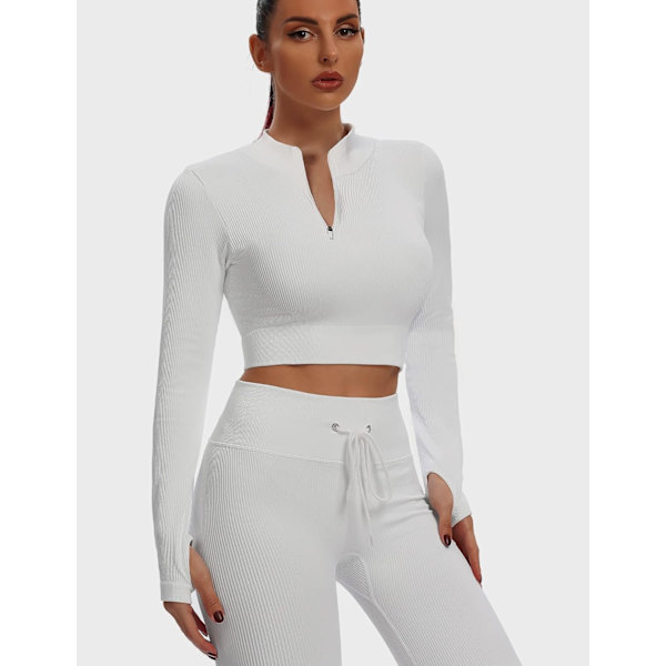 Sömlösa 2-delade outfits för kvinnor Ribbade långärmade dragkedja framtill Crop Top + High
