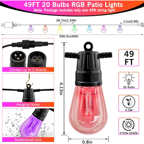 Utomhus ljusslingor, RGB varmvit uteplatsbelysning 49ft 20 LED-lampor, fjärr- och appstyrning, färgväxling, IP65 vattentäta hängande lampor för