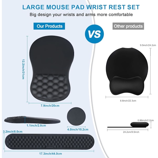 Ergonomisk musemåtte med håndledsstøtte, musemåtte med håndledsstøtte, tastaturhåndledsstøtte skridsikker PU-base massagedesign og memory foam sæt relief sort