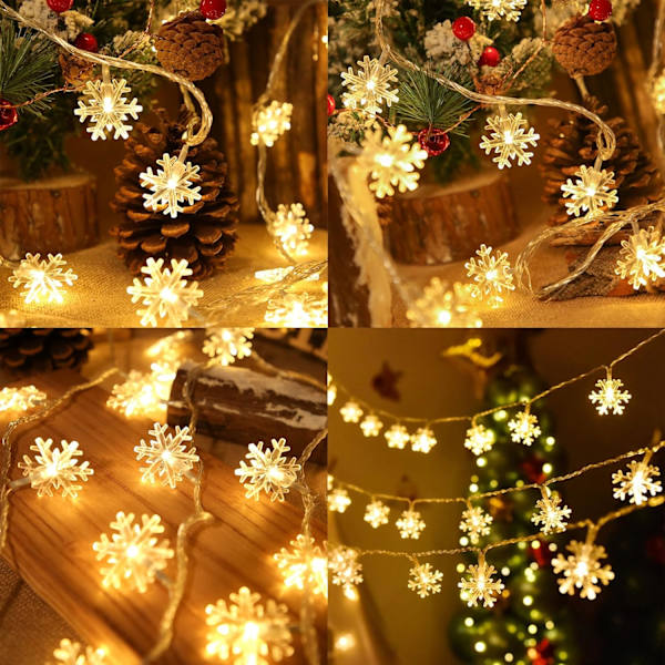 2-pack julsnöflingor ljusslingor, 50 LED 24 fot utomhus jul dekorativa ljusslingor, 8 belysningslägen och timer, batteridriven vattentät för
