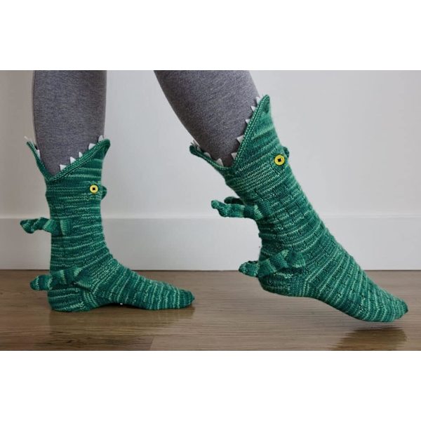 Krokodil Stickade Sockor - Vinter Varma Unisex Stickade Djurstrumpor (Grön)
